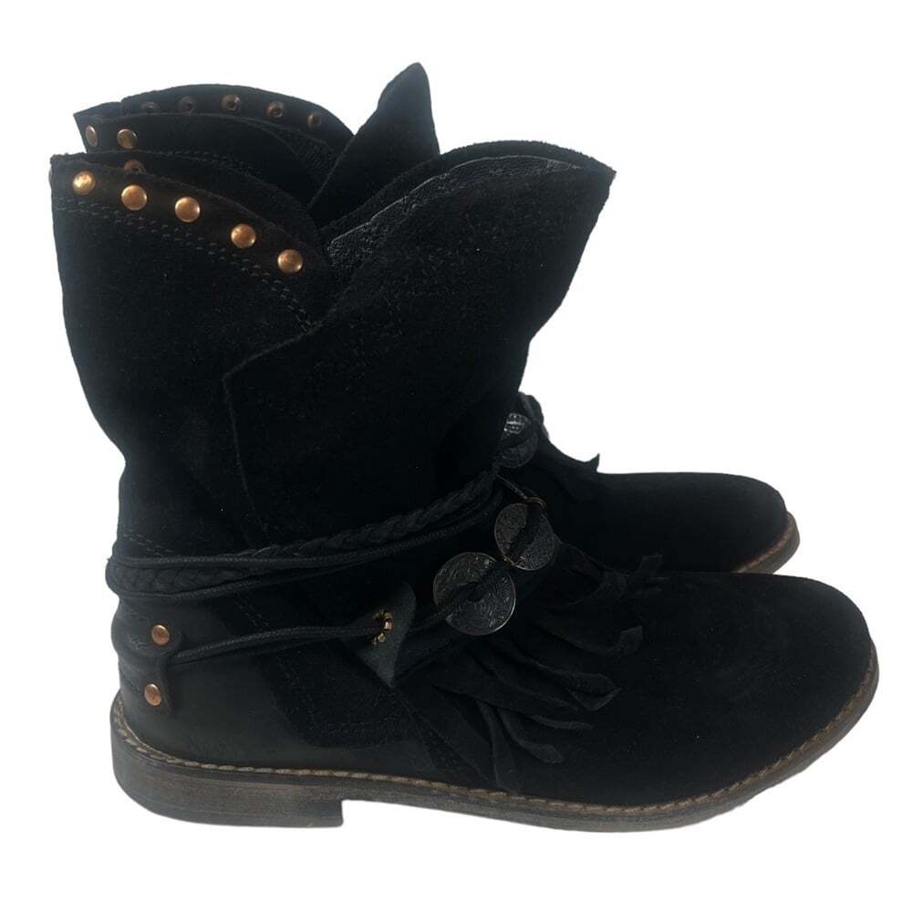 Musse & Cloud Women’s Size 8 Black Suede Slip On Wooden Heel Studded Ankle Boots
